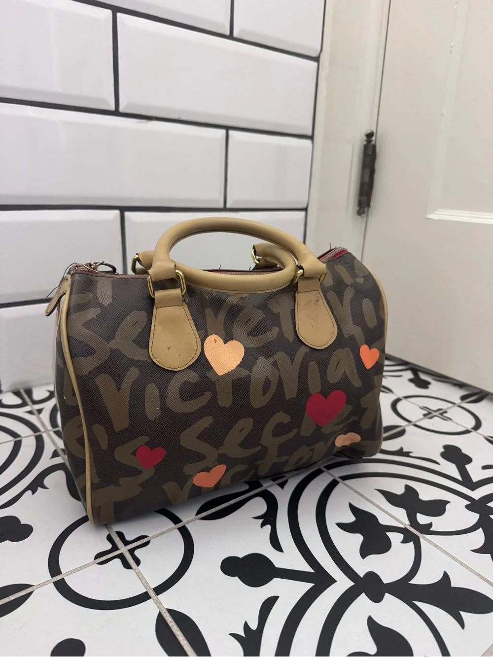 Victoria's Secret Brown Monogram Barrel Handbag with Red and Cream Accents